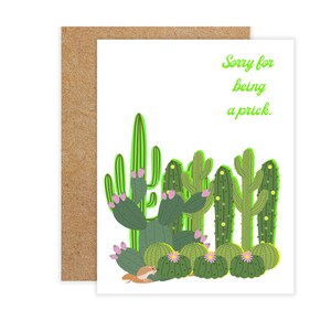 Divertida tarjeta con forma de cactus que dice "Lo siento por ser un idiota"