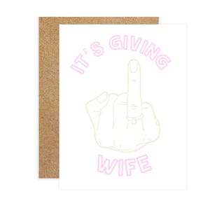 Het geeft vrouw middelvinger wenskaart, grappige kaart, volwassen humorkaart, grappige gefeliciteerd, bruiloft, sarcastische kaart, vrijgezellenfeest