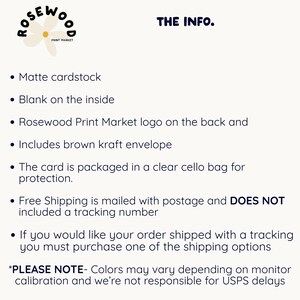 May include: Cream-colored card with the text "THE INFO." and bullet points describing the product details. The Rosewood Print Market logo is in the upper left corner. The card is packaged in a clear cello bag.