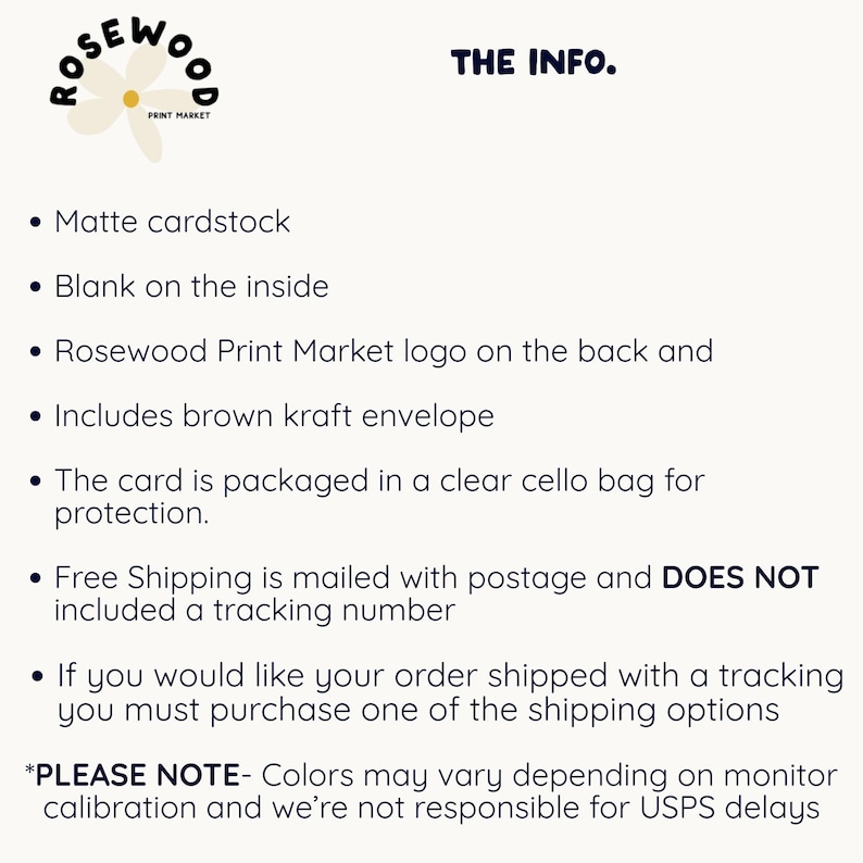 May include: Cream-colored card with the text "THE INFO." and bullet points describing the product details. The Rosewood Print Market logo is in the upper left corner. The card is packaged in a clear cello bag.
