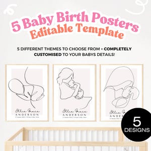 Black & White Line Art Birth Posters, Announcement Poster Newborn Stats Sign Custom Nursery Wall Art, DIY Editable Template