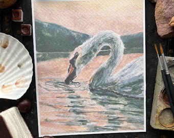 Wild Swans II | fine art print | physical art print | watercolour landscape | whimsical art | graceful swan painting | pretty home decor