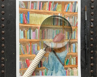 Original Aquarell 20x26cm Buchhändlerin | Buchladen Ästhetik | gemütliche Bücherwurm | Hausbibliothek Dekor | Bibliophiles Kunst-Vibe