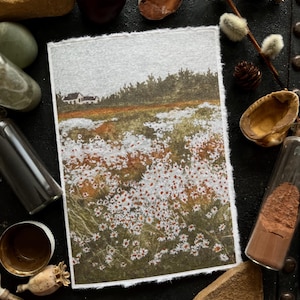 Carte de voeux vierge | Prairie de marguerites sauvages | cartes d'art aquarelle | je pense à vous | art chaleureux | jolie carte de paysage | carte de voeux peinte