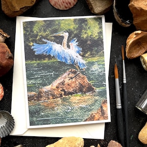 Carte de voeux vierge | Le héron | de cartes d'art aquarelle | je pense à vous | art chaleureux | d'art paysage maussade | carte d'art universitaire sombre
