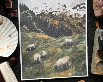 Sheep of the Green Fields | fine art print | watercolour landscape | mountain scene | sheep art | dark academia home decor | moody art