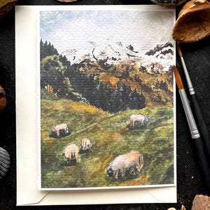 Carte de voeux vierge | Mouton des champs | de cartes d'art aquarelle | je pense à vous | art chaleureux | carte d'art paysage de mauvaise humeur