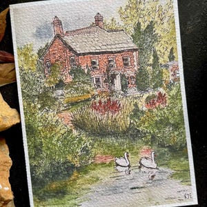 Carte de voeux vierge | Cottage Swan | de cartes d'art aquarelle | je pense à vous | art chaleureux | jolie carte d'art paysage
