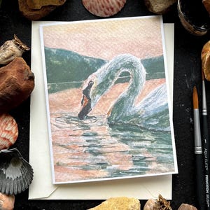 Pusta kartka z pozdrowieniami | Wild Swans II | karty z akwarelami | myślę o Tobie | przytulna sztuka | nastrojowa karta ze sztuką krajobrazu