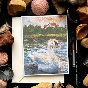 Carte de voeux vierge | Cygnes sauvages I | de cartes d'art aquarelle | je pense à vous | jolie oeuvre d'art | carte d'art paysage de mauvaise humeur