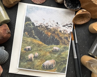 Blank greeting card | Sheep of the Green Fields | watercolour artwork cards | thinking of you | cosy art | moody landscape art card