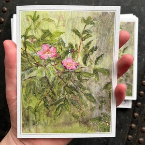 Carte de voeux vierge | Rosier sauvage des prés | Carte de fête des mères | carte d'art aquarelle | je pense à vous | carte botanique rose sauvage