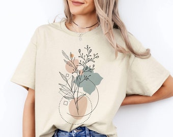 Minimalistische T-shirts, cadeaus voor vrouwen, T-shirt met bloemen, ronde hals, esthetische T-shirts, T-shirts met bloemen voor vrouwen, T-shirts met wilde bloemen
