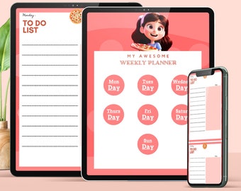 Minimalistic Modern WEEKLY PLANNER Digital Planner 2024 2025 Undated, Ipad Planner, Daily Planner, Beautiful Toon Design 'Pizza Day'