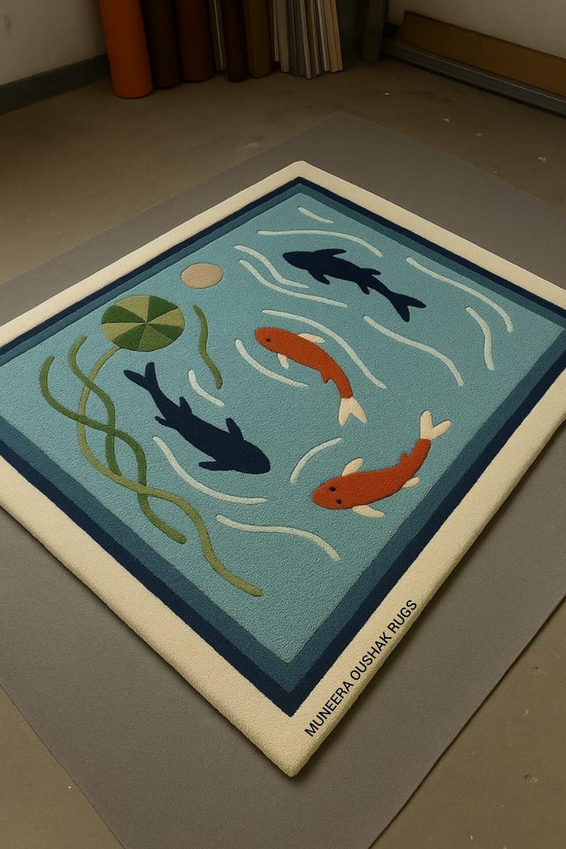 Handmade Tufted for Living Room Koi Fish Rug, Aquatic Pond Theme, Kids ...