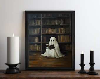 May include: A painting of a white ghost sitting in a library, reading a book. The ghost has two black eyes and is wearing a white sheet. The library is filled with bookshelves and books.