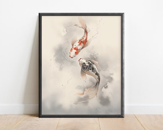 Japanese Koi Wall Art Print, Japanese Art, Asian Decor, Office Decor, Fish Painting, Edo Art, Modern Art, Nature Decor, Koi Painting