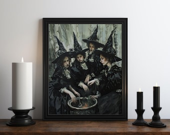 Dark Academia Witch Coven Oil Painting, Dark Wall Art, Moody Decor, Halloween Art, Vintage Decor, Gothic Wall Art, Witchy Print, Victorian