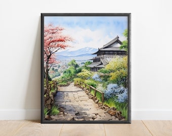 Watercolor Japanese Countryside Wall Art Print, Oriental Art, Cozy Aesthetic, Sakura Tree, Studio Ghibli Art, Buddhist Art, Edo Art, Rainy