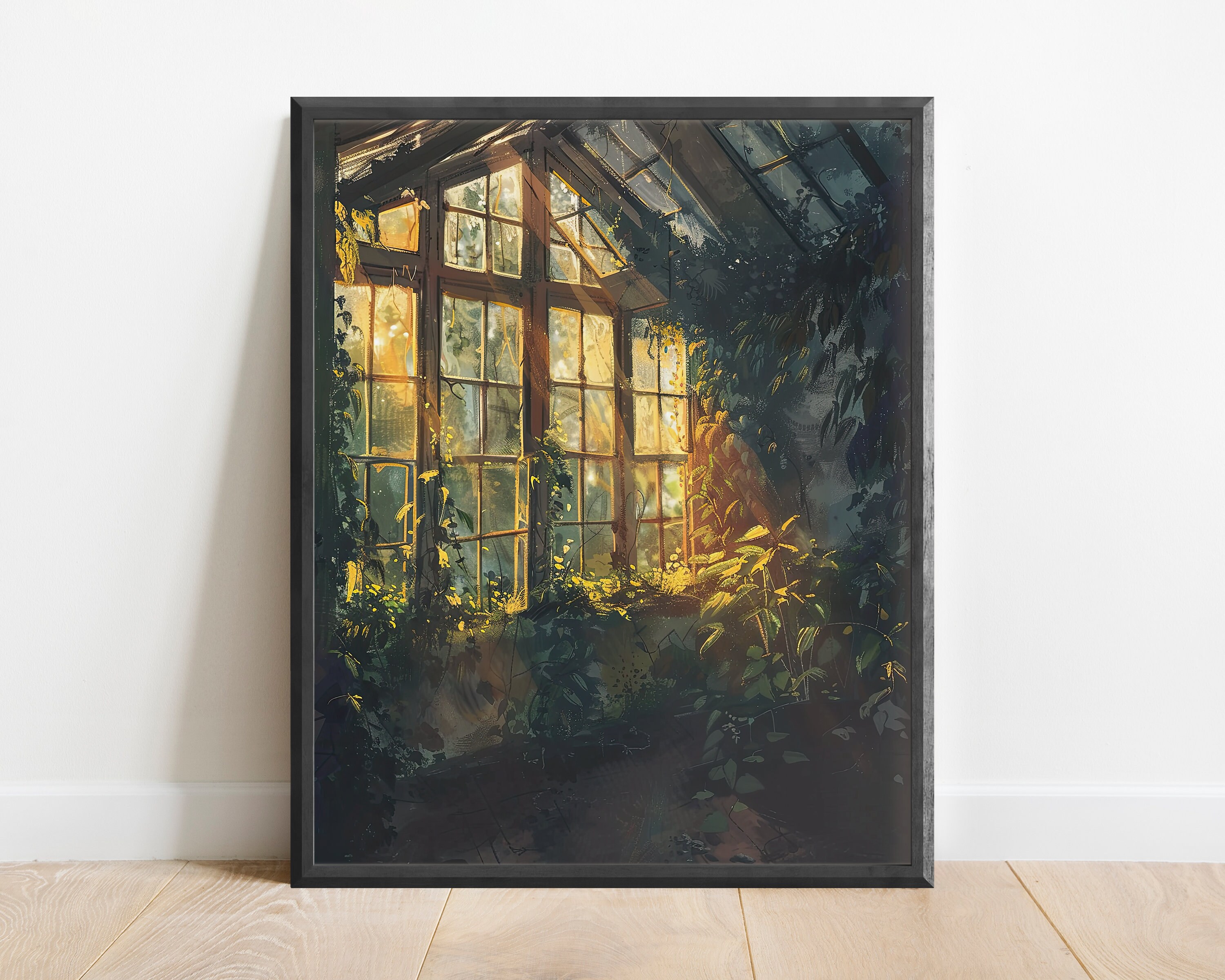 Dark Academia Greenhouse Oil Painting Wall Art Print, Cozy Aesthetic