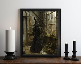 Dark Academia Nature Witch Painting, Dark Wall Art, Moody Decor, Halloween Art, Vintage Decor, Gothic Art, Witchy Print, Cottagecore Art