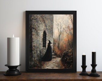May include: A painting of a woman in a black cloak and pointed hat walking through a stone archway in a forest. The woman is holding a staff and is walking towards a stone building. The painting is done in a dark and moody style.