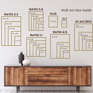 K&ouml;nnte beinhalten: Ein Wandkunst-Gr&ouml;&szlig;enleitfaden mit verschiedenen Verh&auml;ltnissen und Gr&ouml;&szlig;en f&uuml;r Drucke. Der Leitfaden enth&auml;lt Verh&auml;ltnisse von 2:3, 3:4, 1:1 und 4:5. Die Gr&ouml;&szlig;en sind in Zoll angegeben. Der Leitfaden enth&auml;lt auch Standardpapierformate wie A1, A2, A3 und A4.