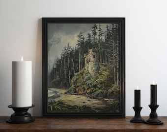 Academia Nature Oil Painting Wall Art Print, Forest Decor, Moody Print, Witch Room Decor, Vintage Botanical Aesthetic, Cottagecore Wall Art