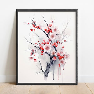 Minimalist Watercolor Sakura/Cherry Blossom Wall Art Print, Nature Art, Japanese Painting, Office Decor, Botanical Art Print, Sakura Art