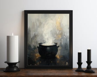 Halloween Cauldron Oil Painting Print, Dark Academia Decor, Dark Wall Art, Moody Decor, Halloween Art, Vintage Witchy Decor, Gothic Art