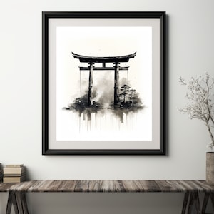 Watercolor Japanese Torii Gate Wall Art Print, Sumi E Style, Kyoto Decor, Asian Design, Natural Landscape, Zen Painting, Edo Art, Shinto Art