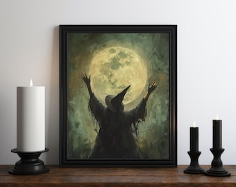 Peut inclure: Une peinture représentant une sorcière avec les bras tendus vers une pleine lune. La sorcière porte un chapeau pointu et une longue robe flottante. La lune est d'un blanc éclatant sur un fond de ciel vert foncé.