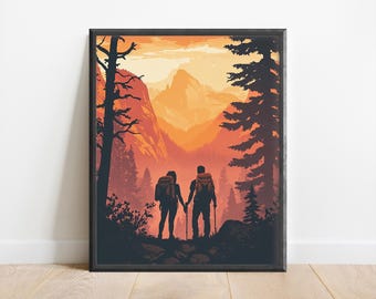 Minimalist Hiking Couple Painting Wall Art Print, Nature Art, Forest Print, Gift for Hiker, Adventure Decor, Mountains Art, Sunset Art Print