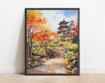 Watercolor Japanese Countryside Wall Art Print, Oriental Art, Cozy Aesthetic, Sakura Tree, Studio Ghibli Art, Buddhist Art, Edo Art, Rainy