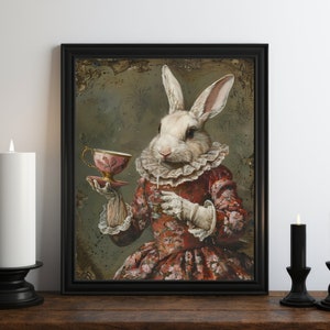 Dark Academia Victorian Rabbit Oil Painting Wall Art Print, Easter Wall Art, Gothic Wall Art, Vintage Halloween Art, Witchy Print, Tea Art