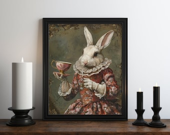 Dark Academia Victorian Rabbit Oil Painting Wall Art Print, Easter Wall Art, Gothic Wall Art, Vintage Halloween Art, Witchy Print, Tea Art