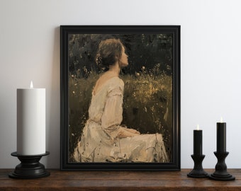 May include: A painting of a woman in a white dress sitting in a field of tall grass. The woman is looking off to the side and the background is a dark green.