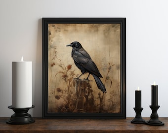 Dark Academia Raven Oil Painting, Dark Cottagecore, Halloween Art, Vintage Decor, Gothic Art, Witchy Print, Harvest Decor, Crow Art, Rustic