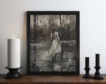 Dark Academia Witch of the Lake Oil Painting, Dark Wall Art, Moody Decor, Halloween Art, Vintage Decor, Gothic Art, Witchy Print, Somber Art
