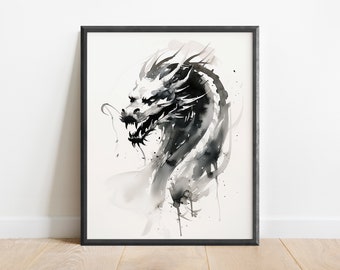 Watercolor Chinese Dragon Wall Art Print, Sumi E Style, Chinese New Year, Year of the Dragon, Oriental Decor, Zen Painting, Yin and Yang