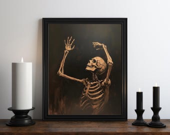 Halloween Skeleton Oil Painting Print, Dark Academia Decor, Dark Wall Art, Moody Decor, Halloween Art, Vintage Skeleton Art, Witchy Print