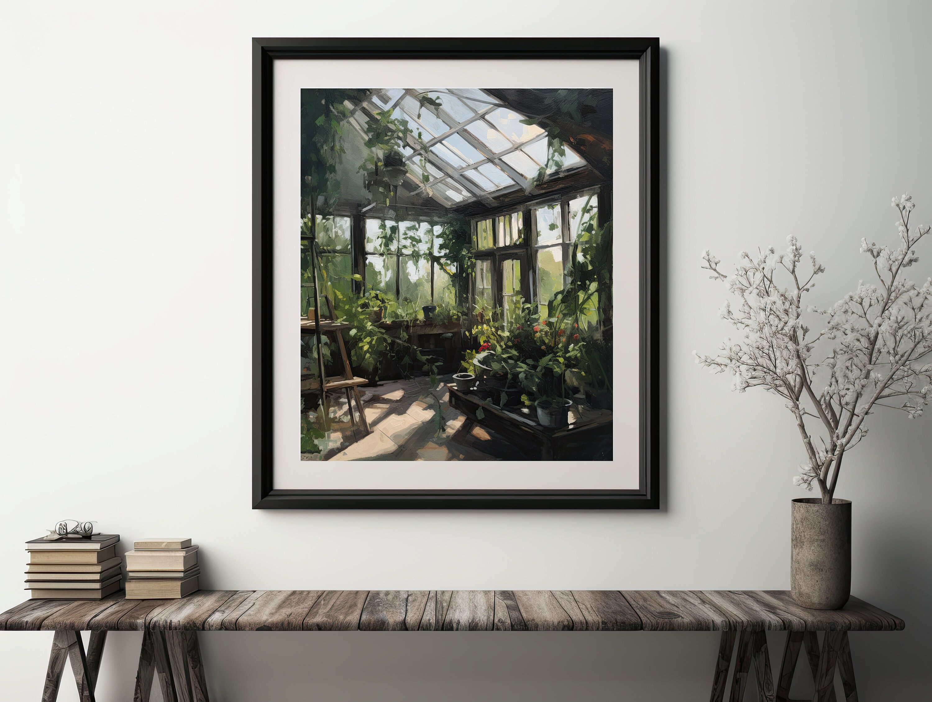 Dark Academia Greenhouse Oil Painting Wall Art Print, Cozy Aesthetic