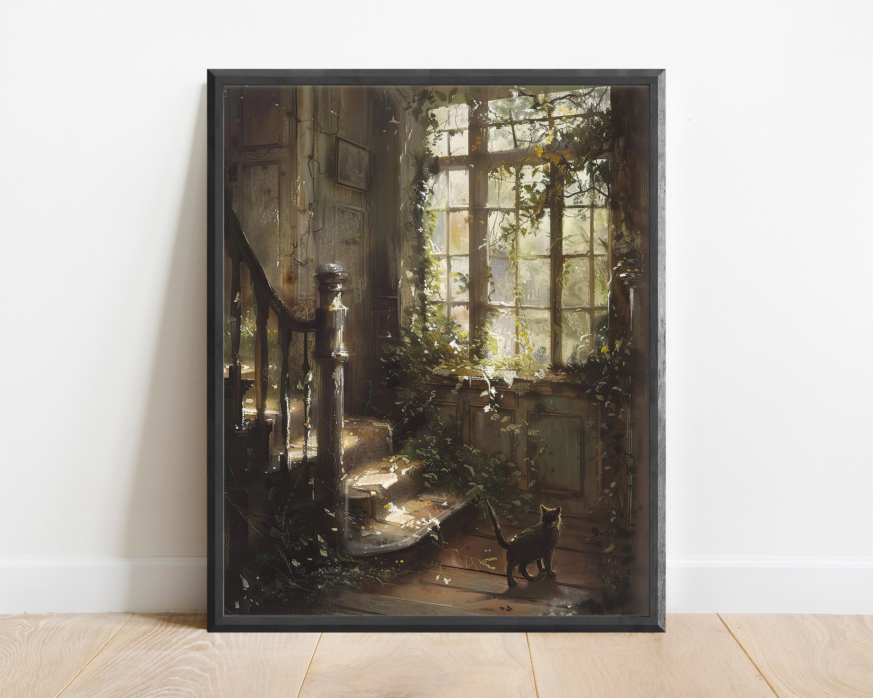 Dark Academia Cat Oil Painting Wall Art Print, Flower Shop, Cat Print ...