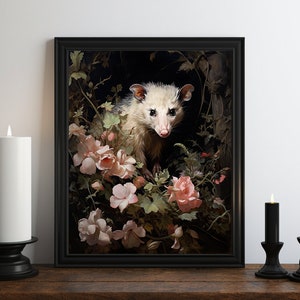 Dark Academia Opossum Oil Painting, Dark Wall Art, Moody Decor, Halloween Art, Vintage Decor, Gothic Art, Witchy Print, Dark Botanical