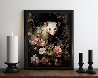Dark Academia Opossum Oil Painting, Dark Wall Art, Moody Decor, Halloween Art, Vintage Decor, Gothic Art, Witchy Print, Dark Botanical