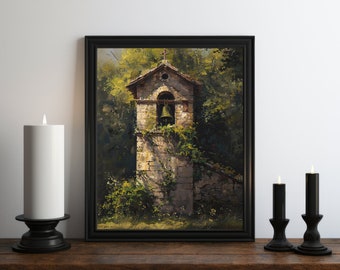 Dark Academia Bell Tower Oil Painting, Dark Wall Art, Moody Decor, Halloween Art, Vintage Decor, Gothic Wall Art, Witchy Print, Nature Art