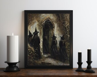 Dark Academia Witch Coven Oil Painting, Dark Wall Art, Moody Decor, Halloween Art, Vintage Decor, Gothic Wall Art, Witchy Print, Victorian