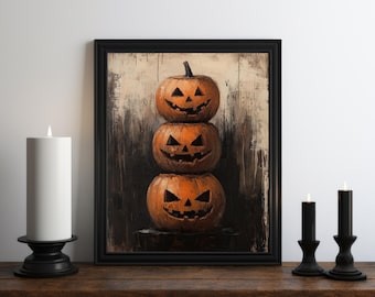 Halloween Pumpkin Oil Painting Print, Dark Academia Decor, Dark Wall Art, Moody Decor, Halloween Art, Vintage Jack o Lantern, Witchy Print