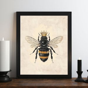 May include: A black and yellow bee with a gold crown on its head. The bee is depicted in a vintage style illustration on a beige background.