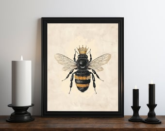 Dark Academia Queen Bee Oil Painting, Bumblebee Wall Art Print, Botanical Wall Art, Vintage Honey Bee Print, Mother's Day Gift, Summer Decor